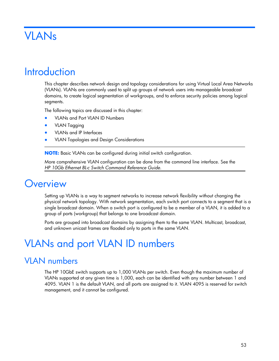 Vlans, Vlan numbers, Introduction | Overview, Vlans and port vlan id numbers | HP 445946-001 User Manual | Page 53 / 198