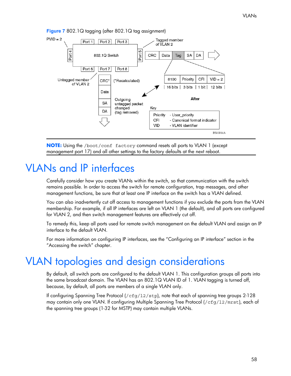 Vlans and ip interfaces, Vlan topologies and design considerations | HP 445946-001 User Manual | Page 58 / 198