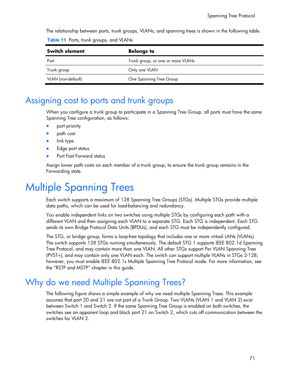 Assigning cost to ports and trunk groups, Why do we need multiple spanning trees, Multiple spanning trees | HP 445946-001 User Manual | Page 71 / 198