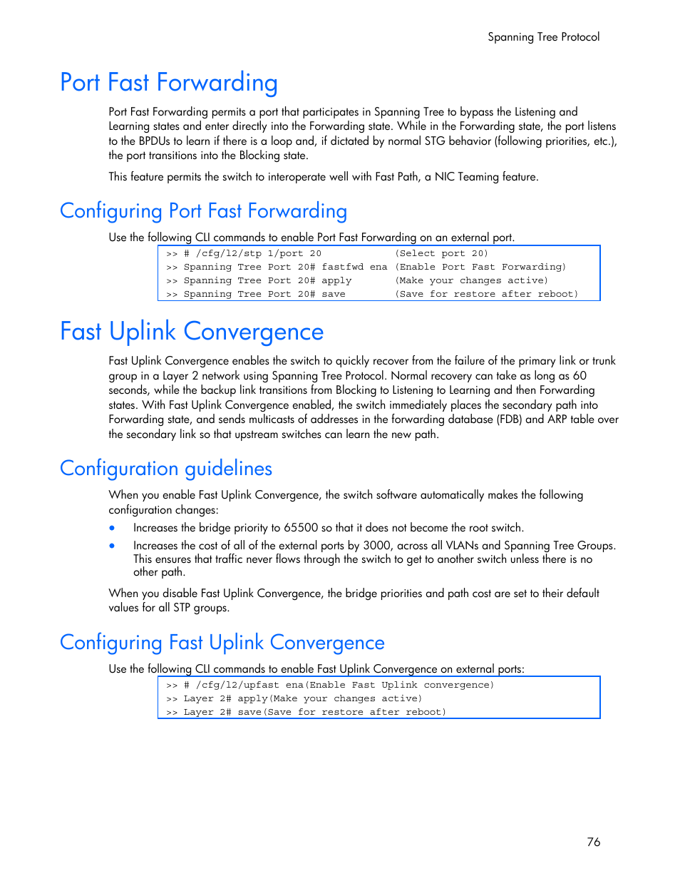 Configuring port fast forwarding, Configuration guidelines, Configuring fast uplink convergence | Port fast forwarding, Fast uplink convergence | HP 445946-001 User Manual | Page 76 / 198