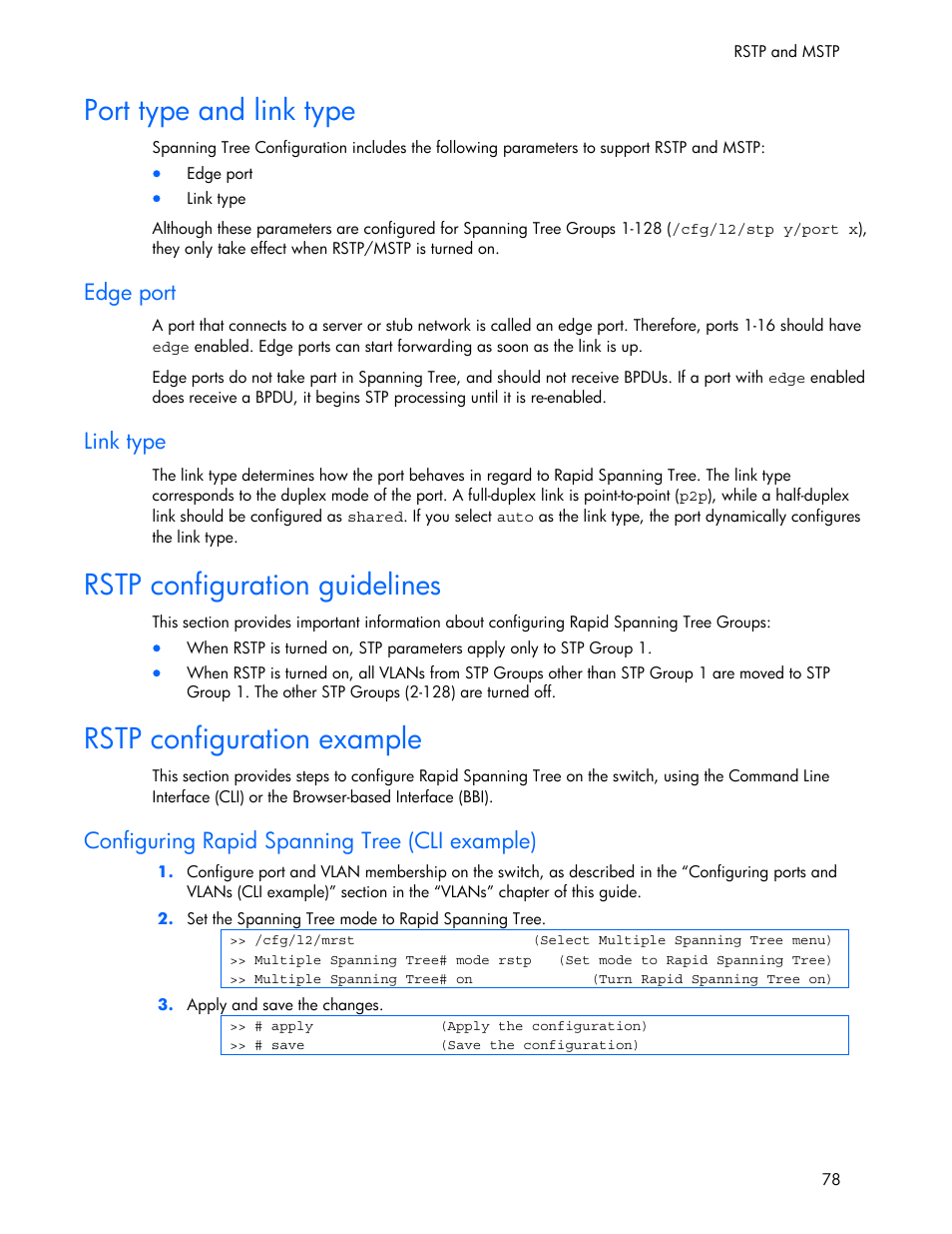 Port type and link type, Edge port, Link type | Rstp configuration guidelines, Rstp configuration example, Configuring rapid spanning tree (cli example) | HP 445946-001 User Manual | Page 78 / 198