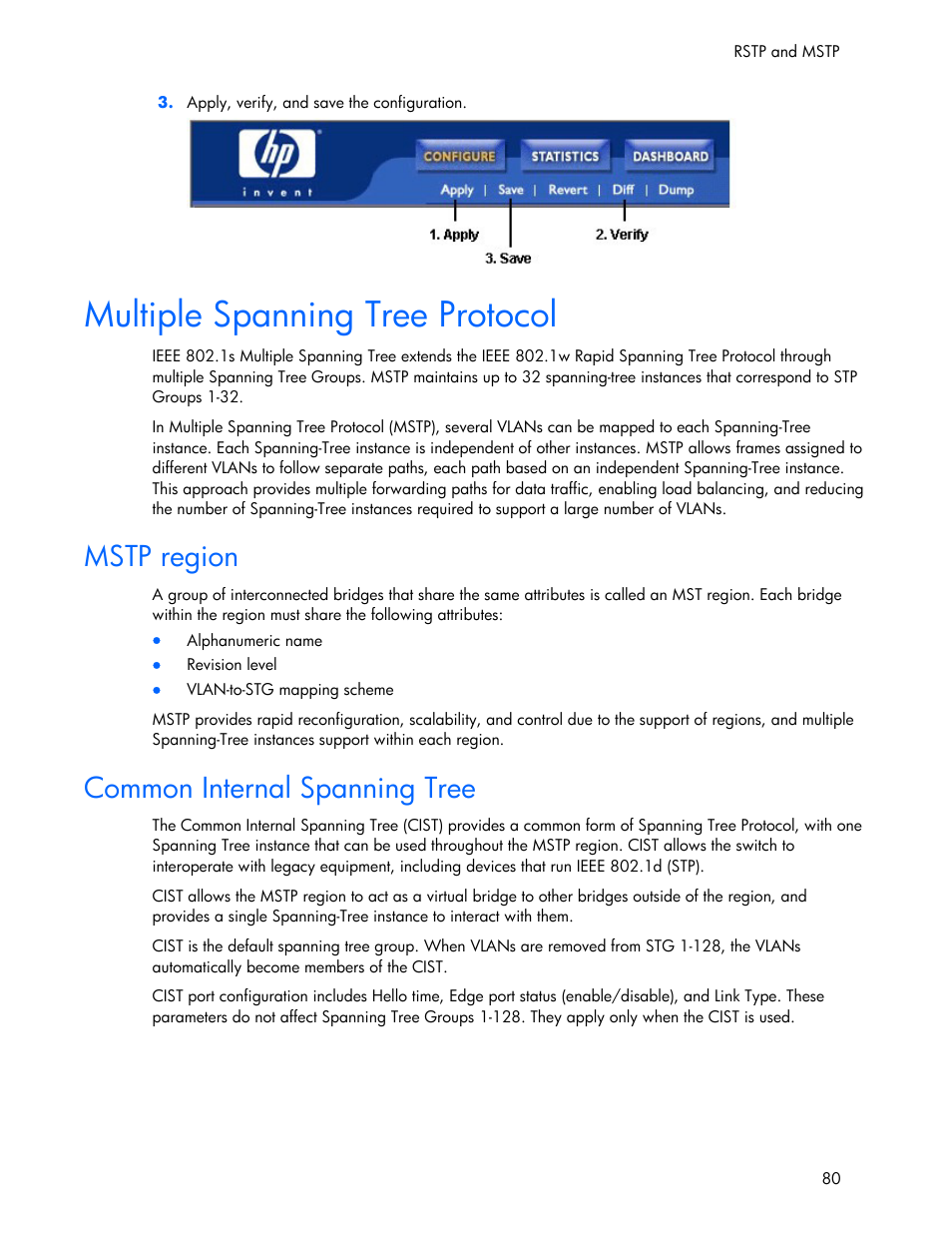 Mstp region, Common internal spanning tree, Multiple spanning tree protocol | HP 445946-001 User Manual | Page 80 / 198