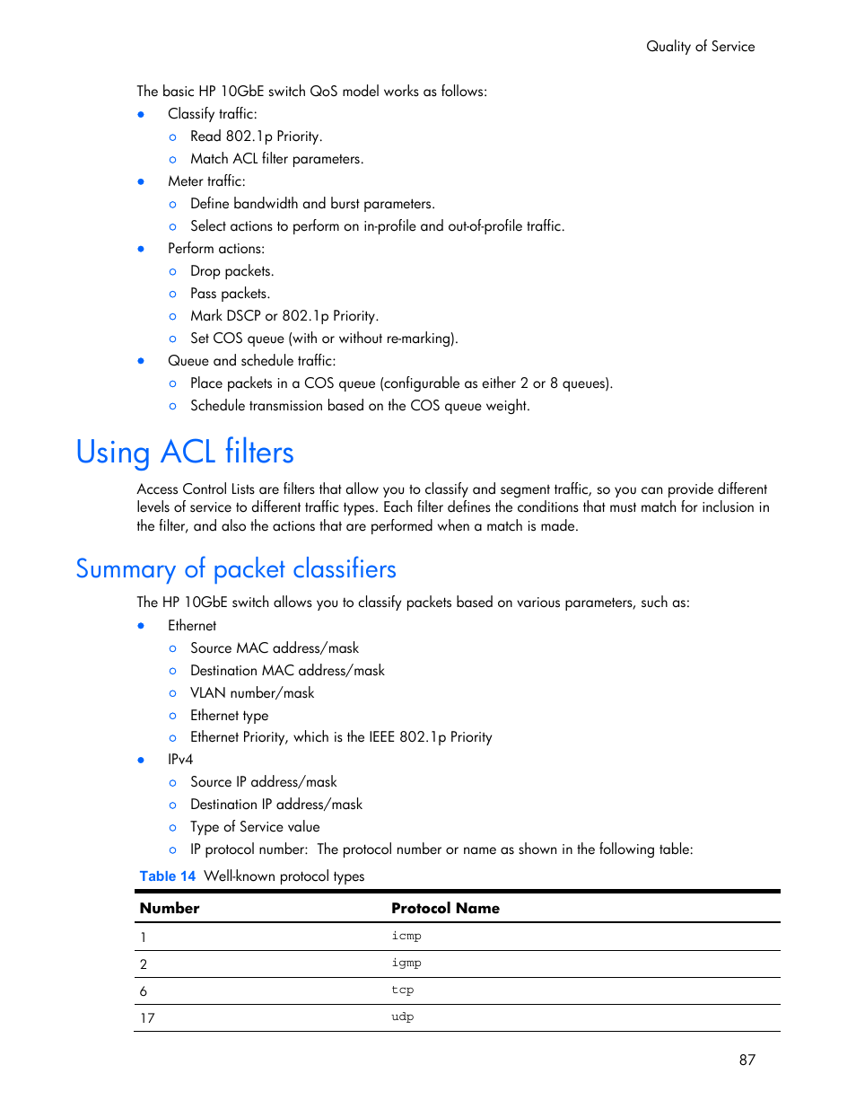 Summary of packet classifiers, Using acl filters | HP 445946-001 User Manual | Page 87 / 198