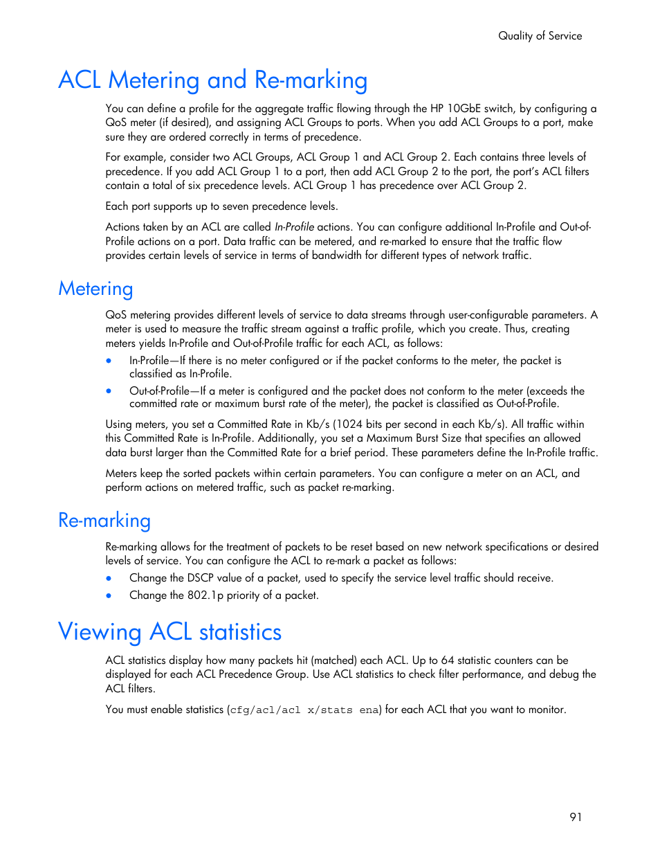 Metering, Re-marking, Acl metering and re-marking | Viewing acl statistics | HP 445946-001 User Manual | Page 91 / 198