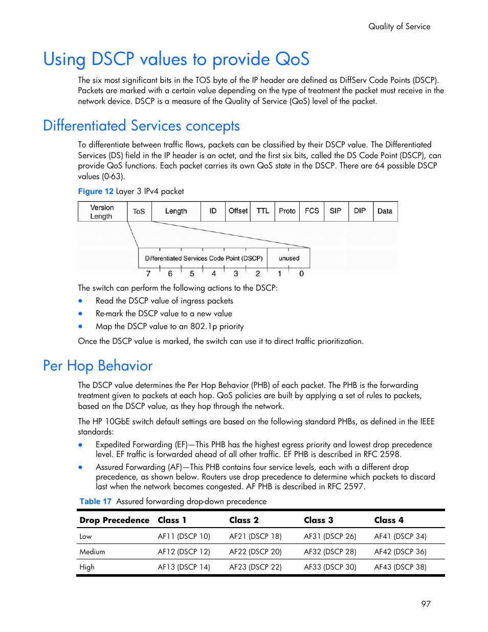 Differentiated services concepts, Per hop behavior, Using dscp values to provide qos | HP 445946-001 User Manual | Page 97 / 198