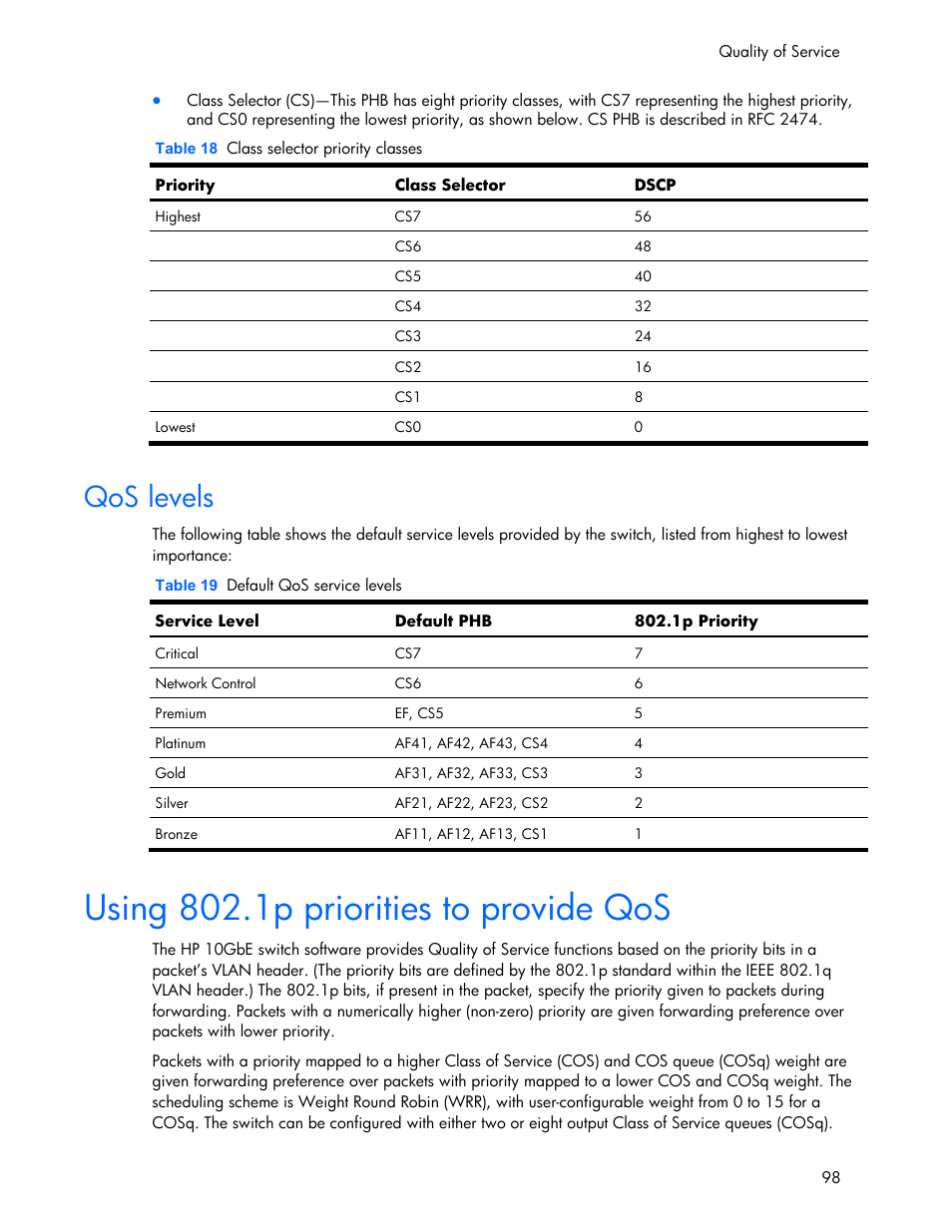 Qos levels, Using 802.1p priorities to provide qos | HP 445946-001 User Manual | Page 98 / 198