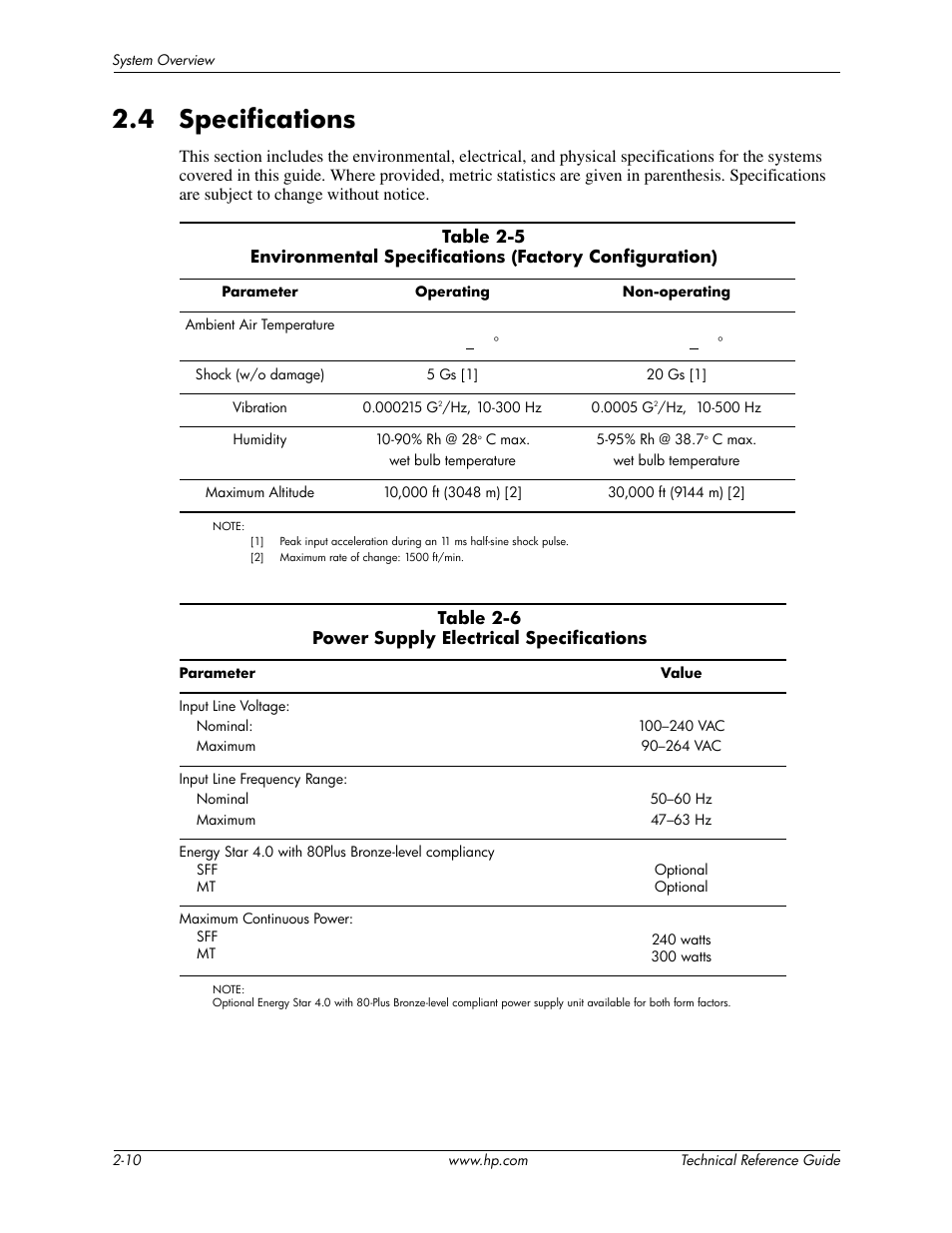 4 specifications, Table 2-6 power supply electrical specifications | HP DC5850 User Manual | Page 26 / 114