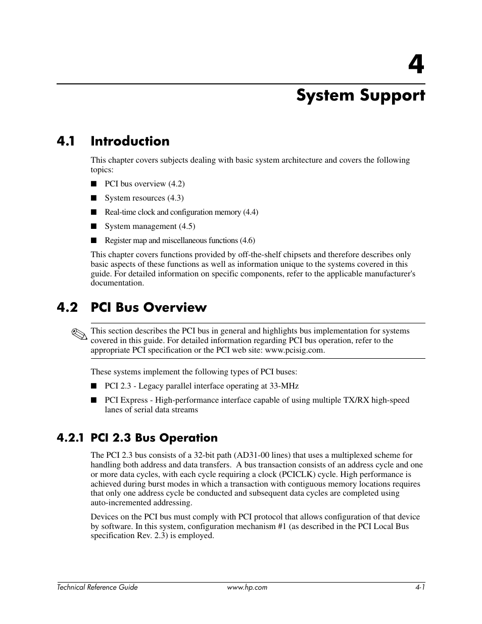 Chapter 4 system support, System support, 1 introduction | 2 pci bus overview, 1 pci 2.3 bus operation | HP DC5850 User Manual | Page 35 / 114