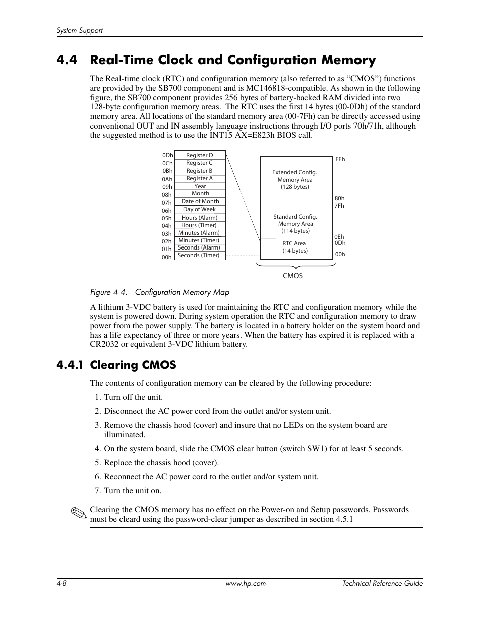 4 real-time clock and configuration memory, 1 clearing cmos | HP DC5850 User Manual | Page 42 / 114