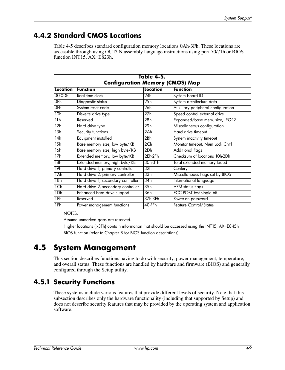 2 standard cmos locations, 5 system management, 1 security functions | HP DC5850 User Manual | Page 43 / 114