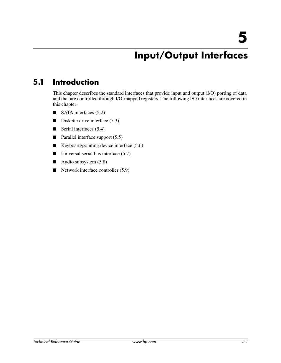 Chapter 5 input-output interfaces, Input/output interfaces, 1 introduction | HP DC5850 User Manual | Page 51 / 114