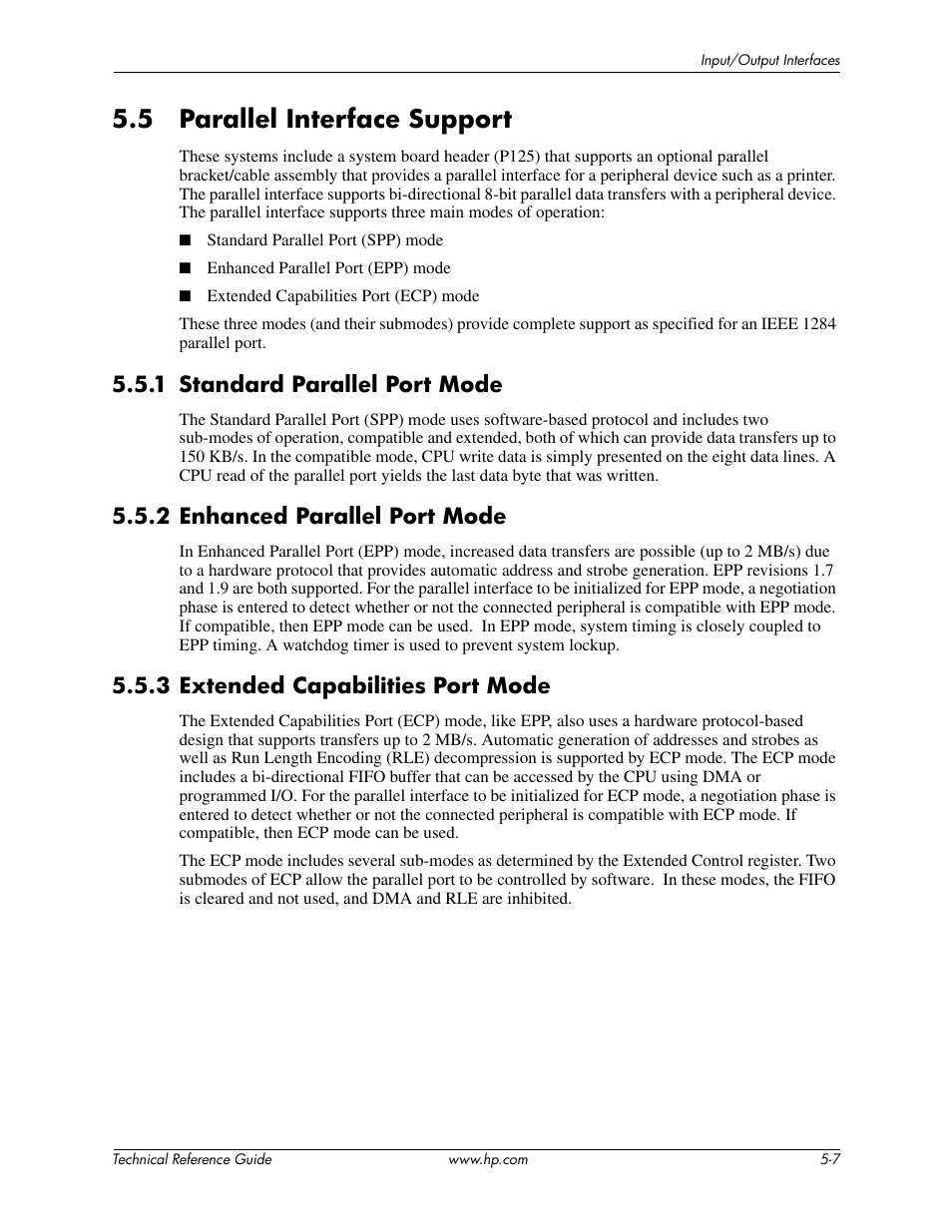 5 parallel interface support, 1 standard parallel port mode, 2 enhanced parallel port mode | 3 extended capabilities port mode | HP DC5850 User Manual | Page 57 / 114