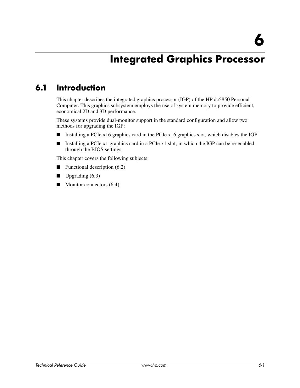 Chapter 6 integrated graphics processor, Integrated graphics processor, 1 introduction | HP DC5850 User Manual | Page 69 / 114