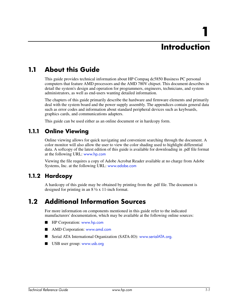 Chapter 1 introduction, Introduction, 1 about this guide | 1 online viewing, 2 hardcopy, 2 additional information sources | HP DC5850 User Manual | Page 7 / 114