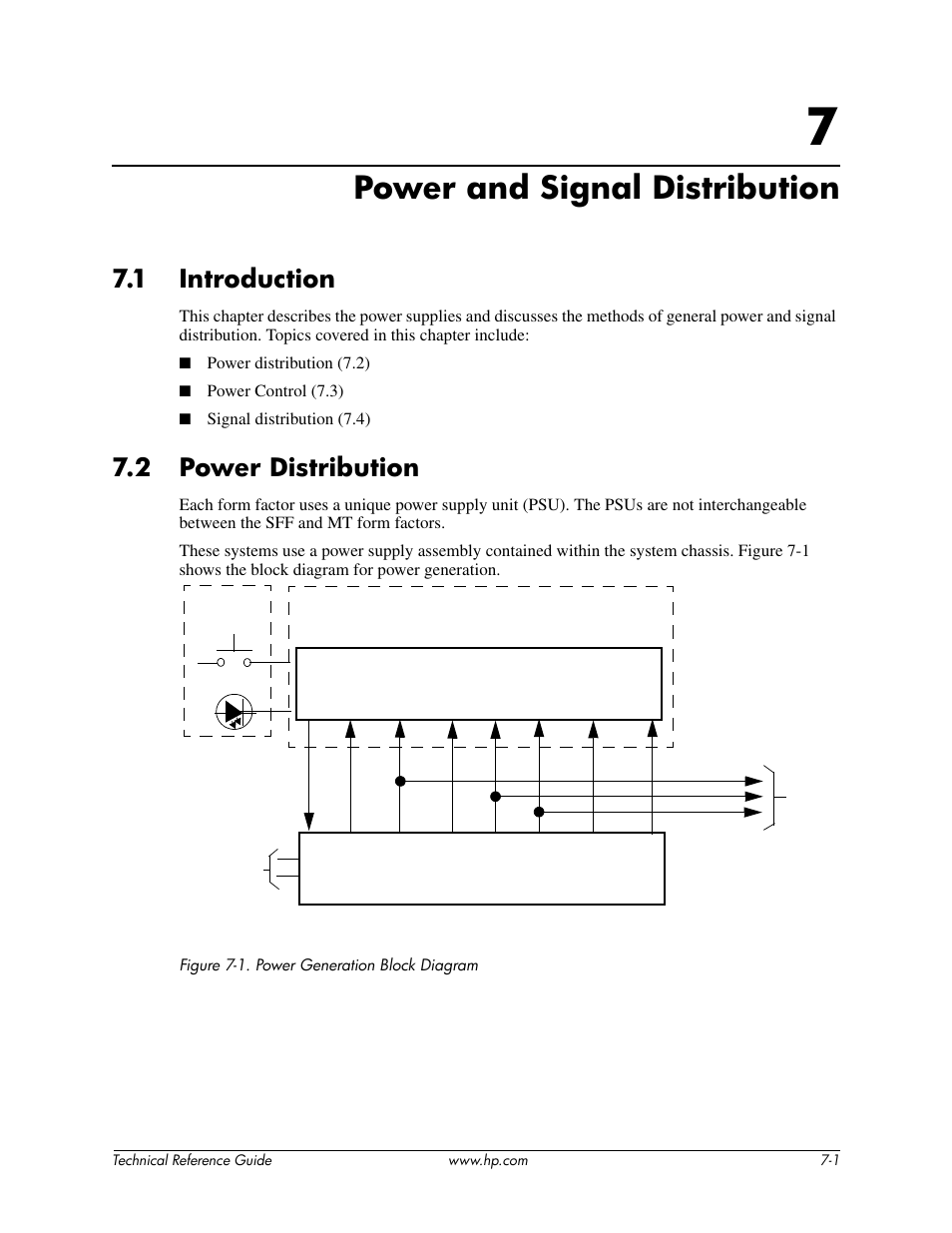 Chapter 7 power and signal distribution, Power and signal distribution, 1 introduction | 2 power distribution | HP DC5850 User Manual | Page 75 / 114