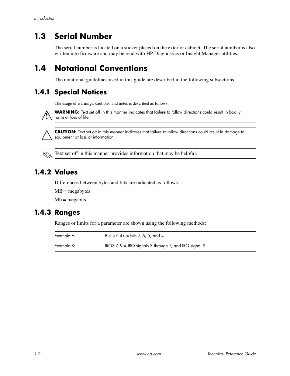 3 serial number, 4 notational conventions, 1 special notices | 2 values, 3 ranges | HP DC5850 User Manual | Page 8 / 114