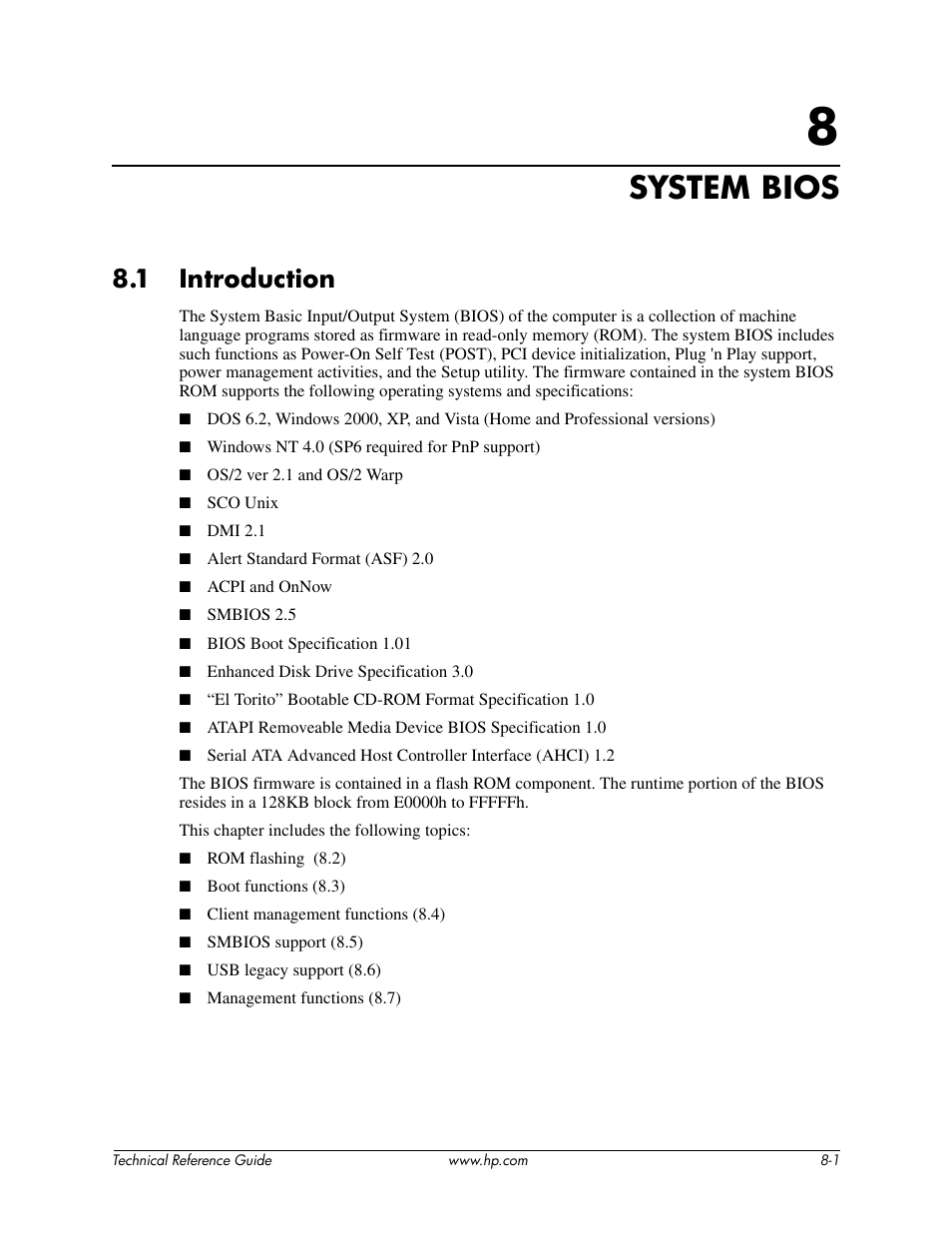 Chapter 8 bios rom, System bios, 1 introduction | HP DC5850 User Manual | Page 85 / 114