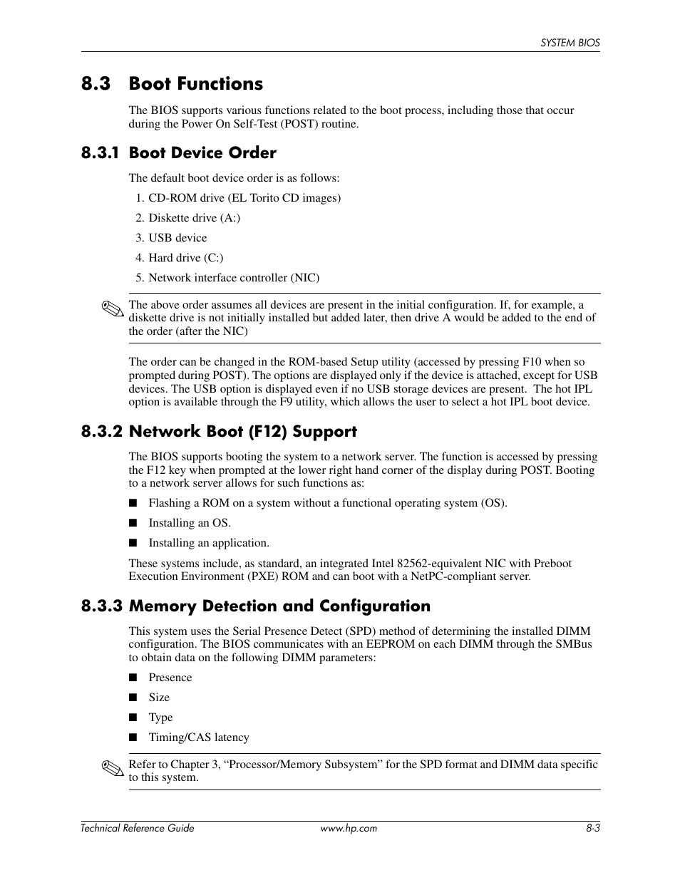 3 boot functions, 1 boot device order, 2 network boot (f12) support | 3 memory detection and configuration | HP DC5850 User Manual | Page 87 / 114