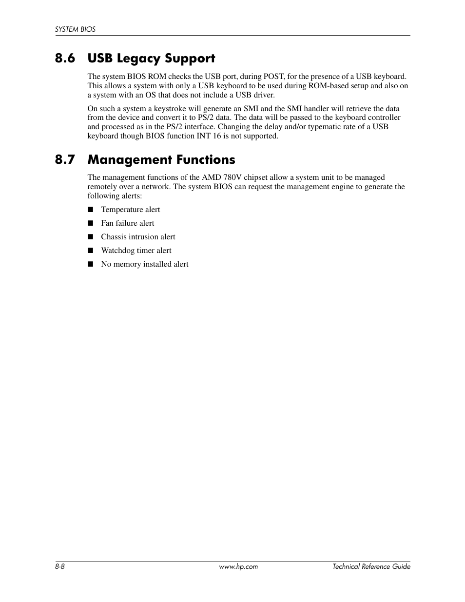 6 usb legacy support, 7 management functions | HP DC5850 User Manual | Page 92 / 114