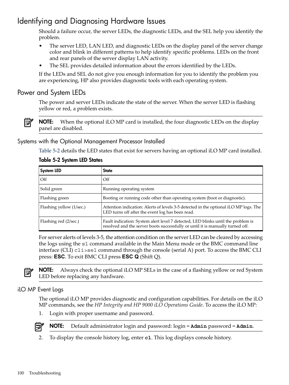 Identifying and diagnosing hardware issues, Power and system leds, Ilo mp event logs | System led states | HP AD117-9003A-ED3 User Manual | Page 100 / 177