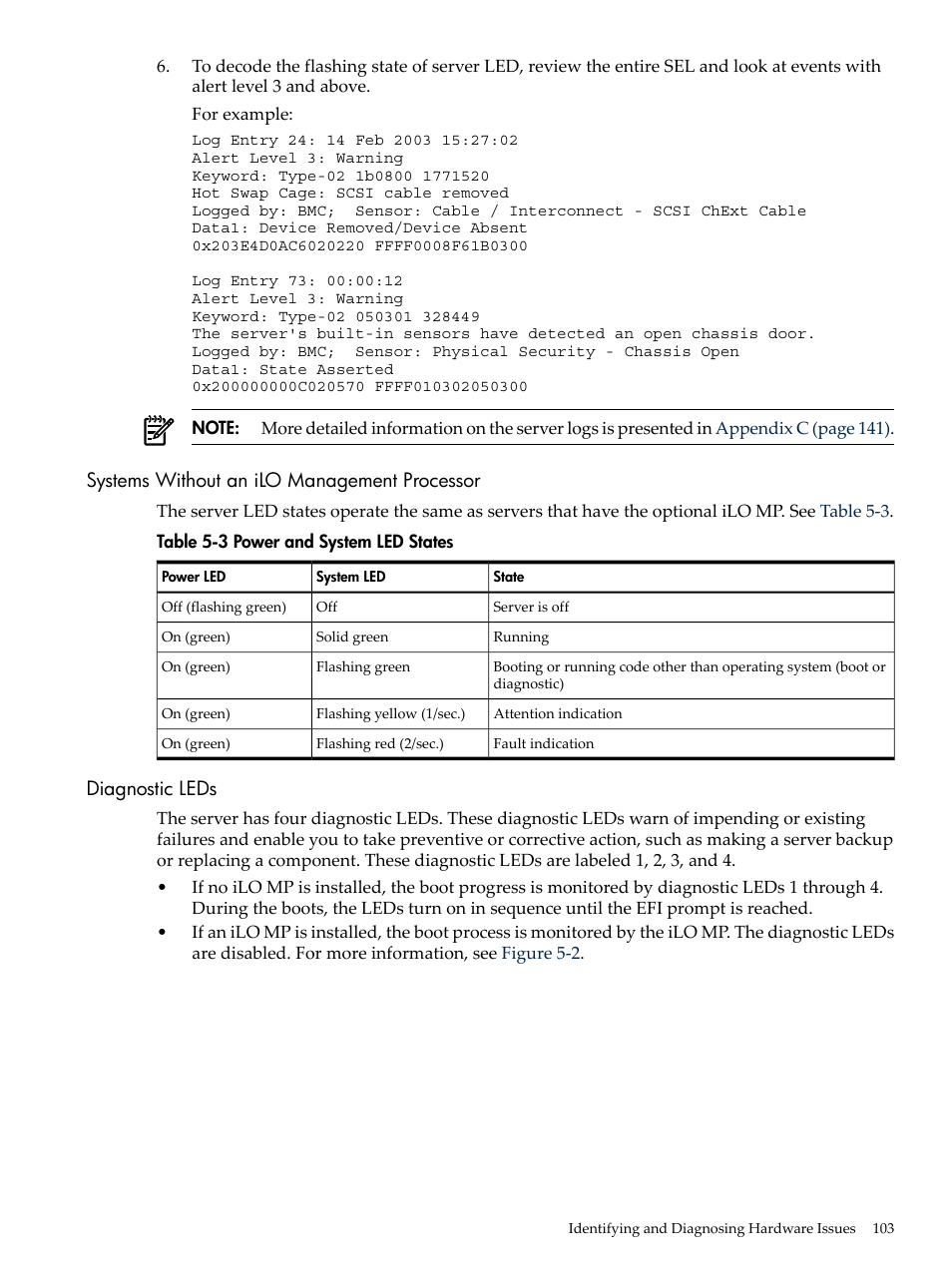 Systems without an ilo management processor, Diagnostic leds, Power and system led states | HP AD117-9003A-ED3 User Manual | Page 103 / 177