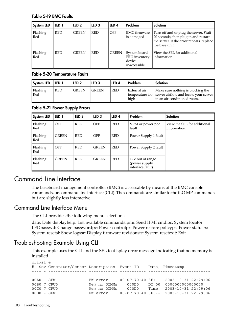 Command line interface, Command line interface menu, Troubleshooting example using cli | Bmc faults, Temperature faults, Power supply errors | HP AD117-9003A-ED3 User Manual | Page 108 / 177