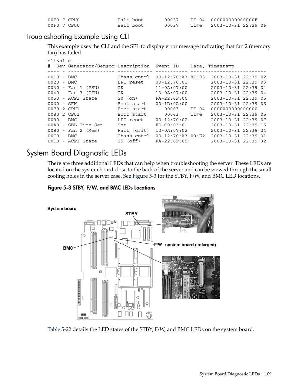 Troubleshooting example using cli, System board diagnostic leds, Stby, f/w, and bmc leds locations | HP AD117-9003A-ED3 User Manual | Page 109 / 177
