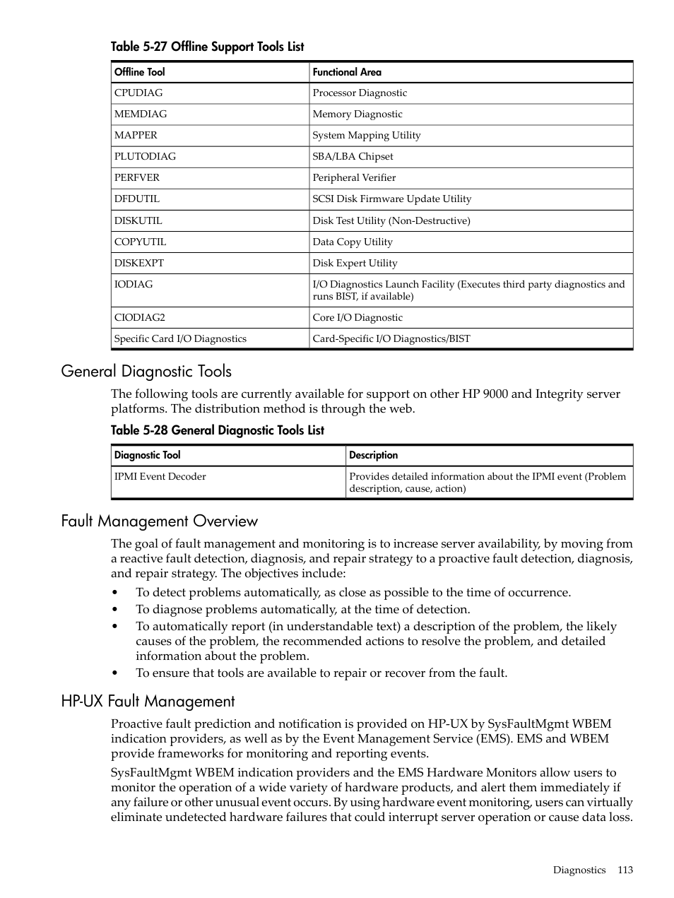 General diagnostic tools, Fault management overview, Hp-ux fault management | Offline support tools list, General diagnostic tools list | HP AD117-9003A-ED3 User Manual | Page 113 / 177