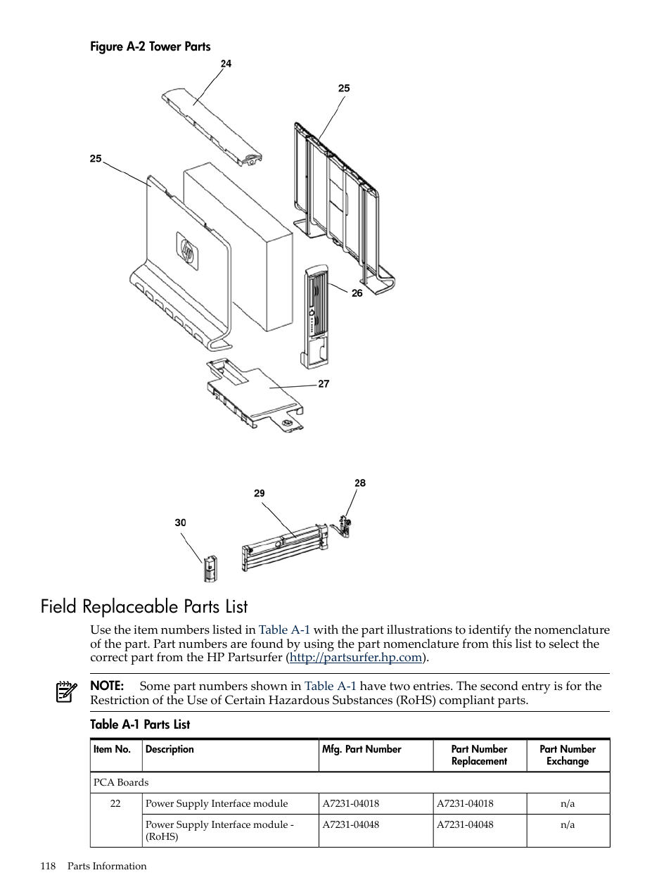 Field replaceable parts list, Tower parts, Parts list | HP AD117-9003A-ED3 User Manual | Page 118 / 177