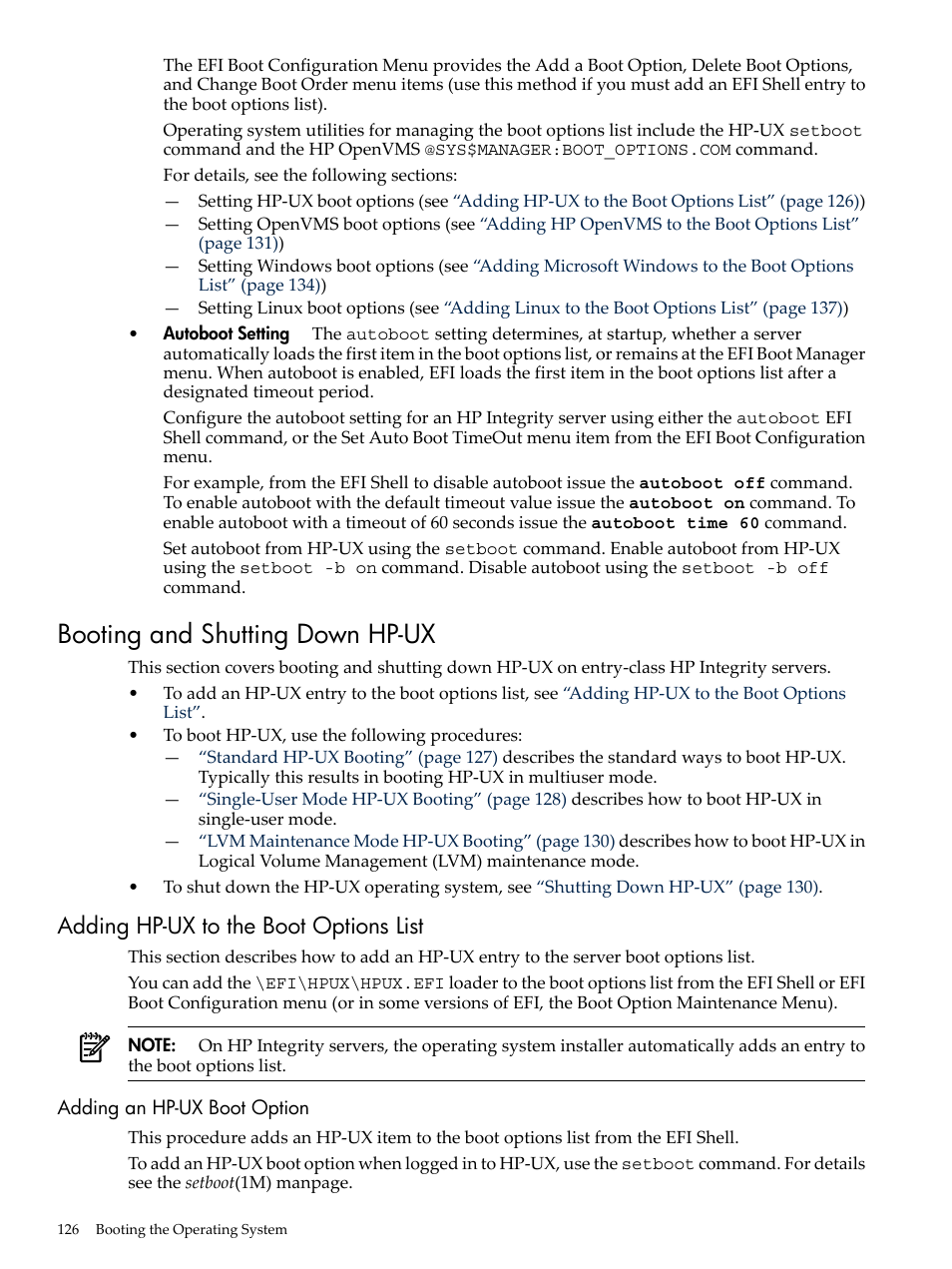 Booting and shutting down hp-ux, Adding hp-ux to the boot options list, Adding an hp-ux boot option | HP AD117-9003A-ED3 User Manual | Page 126 / 177