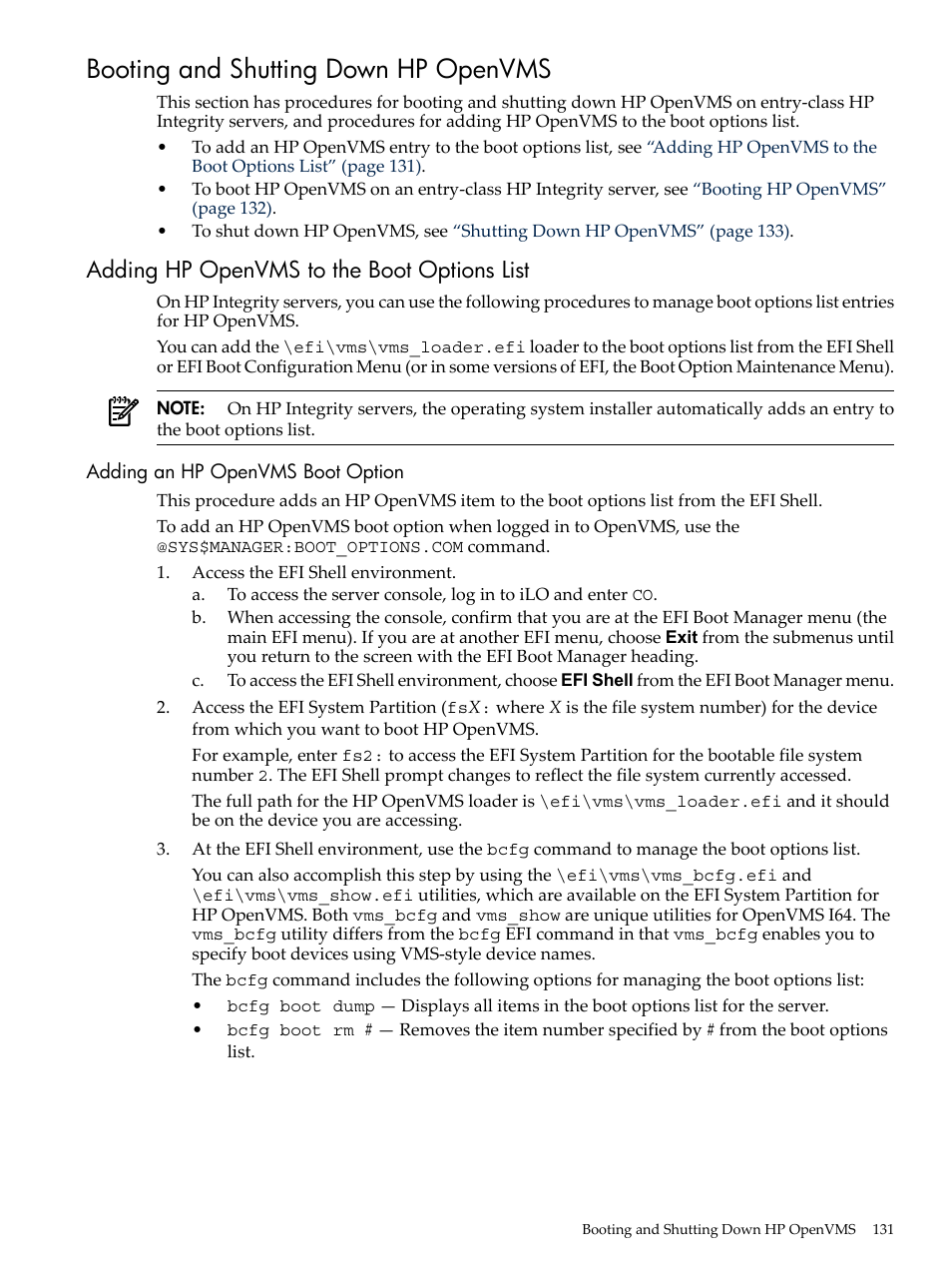 Booting and shutting down hp openvms, Adding hp openvms to the boot options list, Adding an hp openvms boot option | HP AD117-9003A-ED3 User Manual | Page 131 / 177