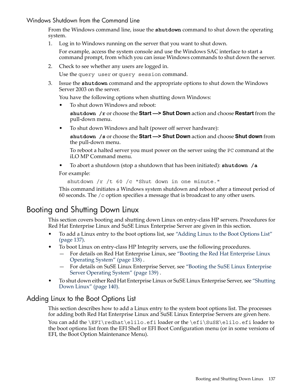 Windows shutdown from the command line, Booting and shutting down linux, Adding linux to the boot options list | HP AD117-9003A-ED3 User Manual | Page 137 / 177