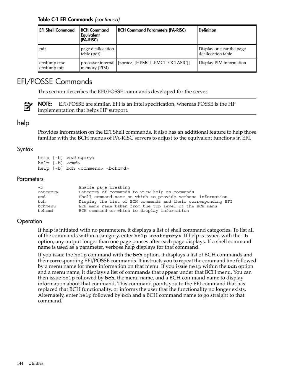 Efi/posse commands, Help, Syntax | Parameters, Operation, Syntax parameters operation | HP AD117-9003A-ED3 User Manual | Page 144 / 177