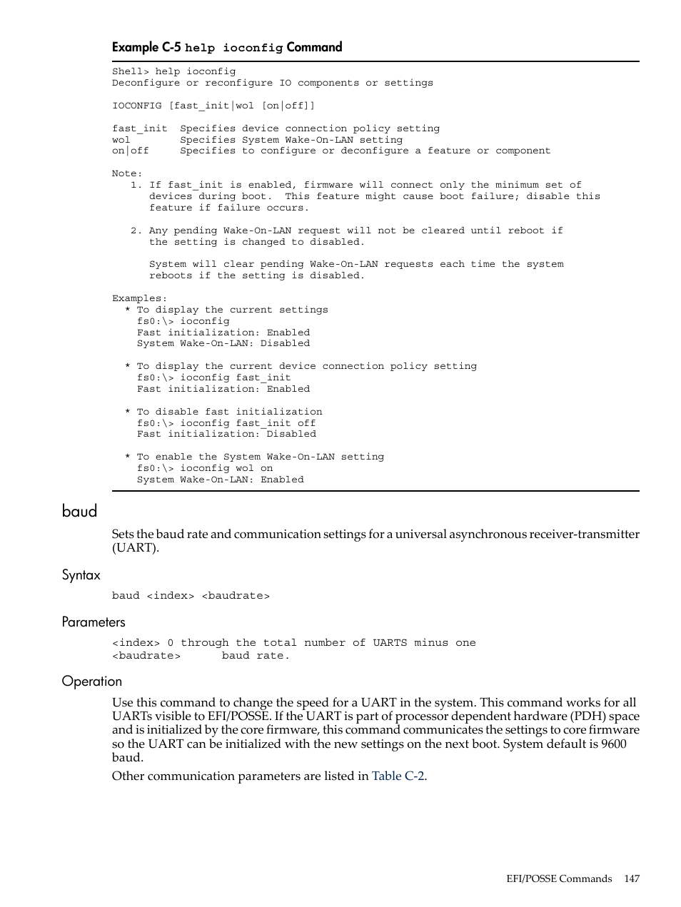 Baud, Syntax, Parameters | Operation, Syntax parameters operation, Help ioconfig, Command | HP AD117-9003A-ED3 User Manual | Page 147 / 177