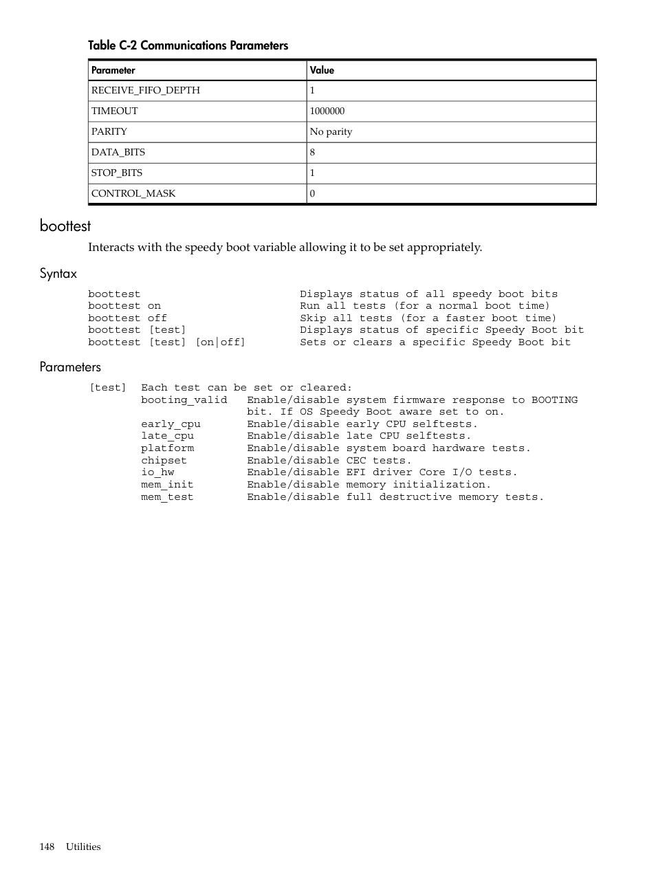 Boottest, Syntax, Parameters | Syntax parameters, Communications parameters | HP AD117-9003A-ED3 User Manual | Page 148 / 177