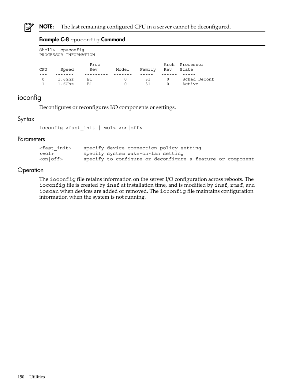 Ioconfig, Syntax, Parameters | Operation, Syntax parameters operation, Cpuconfig, Command | HP AD117-9003A-ED3 User Manual | Page 150 / 177