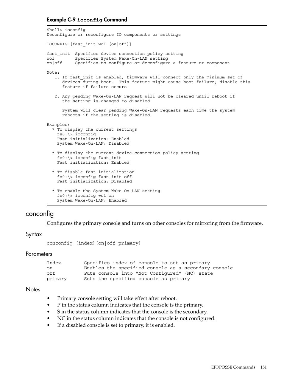 Conconfig, Syntax, Parameters | Notes, Syntax parameters notes, Ioconfig, Command | HP AD117-9003A-ED3 User Manual | Page 151 / 177