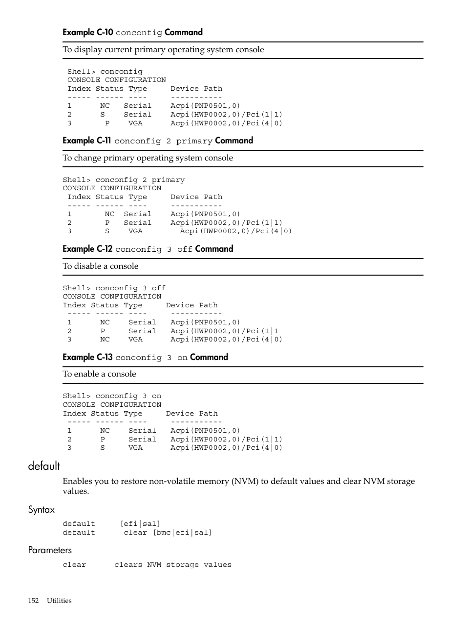 Default, Syntax, Parameters | Syntax parameters, C-10, Conconfig, Command, C-11, Conconfig 2 primary, C-12 | HP AD117-9003A-ED3 User Manual | Page 152 / 177