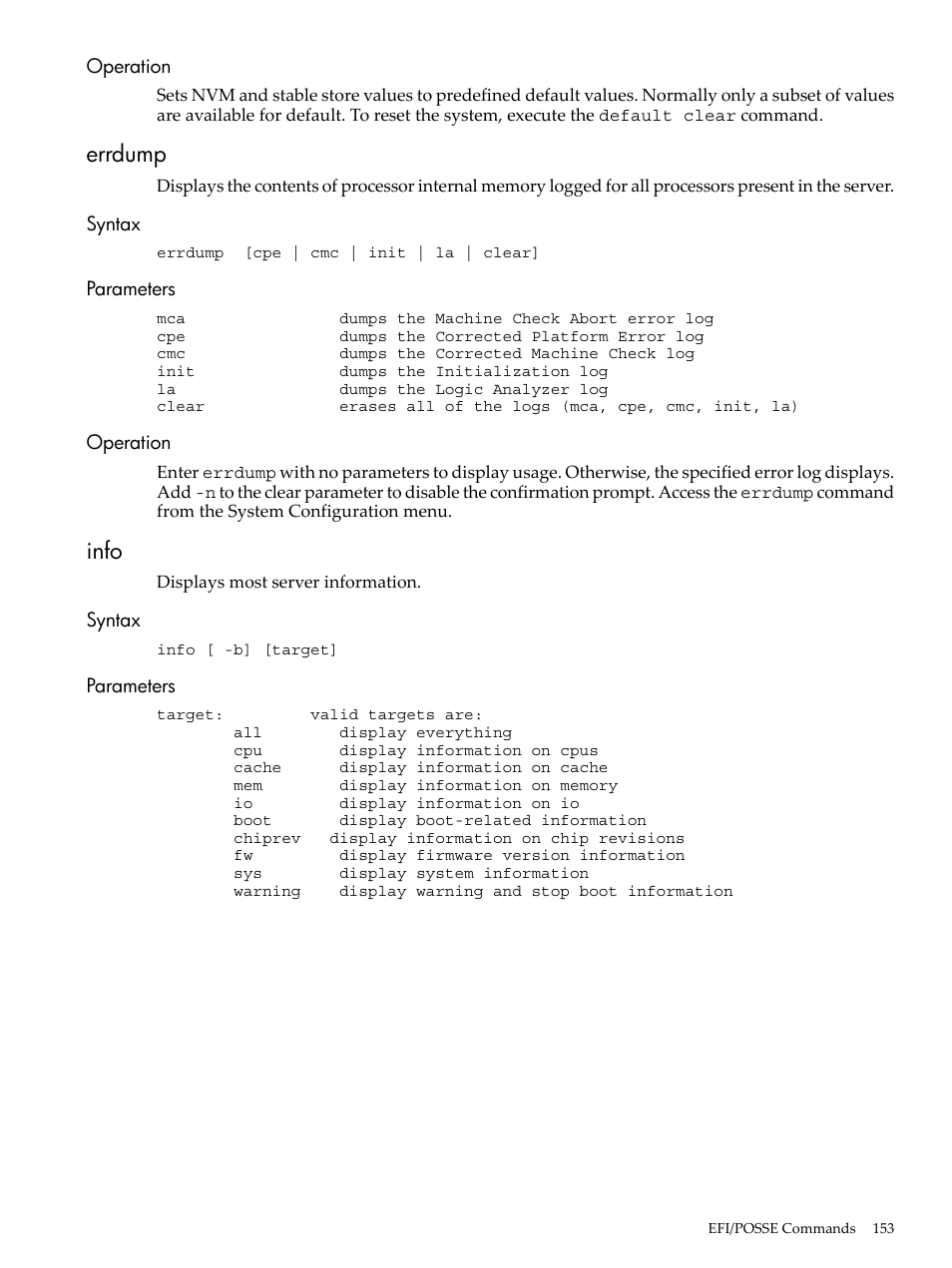 Operation, Errdump, Syntax | Parameters, Info, Syntax parameters operation | HP AD117-9003A-ED3 User Manual | Page 153 / 177
