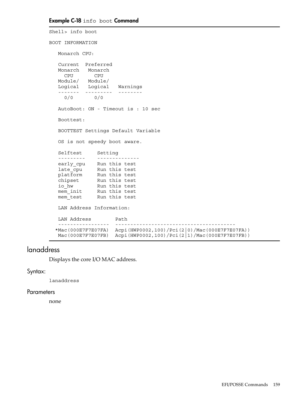 Lanaddress, Syntax, Parameters | Syntax: parameters, C-18, Info boot, Command | HP AD117-9003A-ED3 User Manual | Page 159 / 177