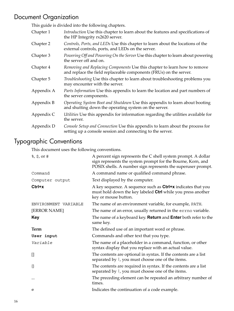 Document organization, Typographic conventions, Document organization typographic conventions | HP AD117-9003A-ED3 User Manual | Page 16 / 177