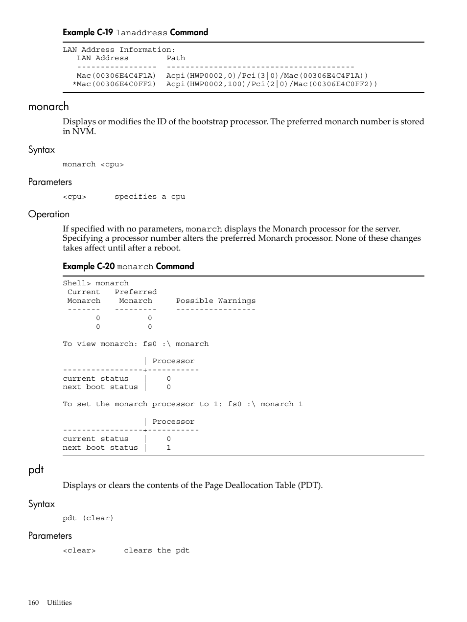 Monarch, Syntax, Parameters | Operation, Syntax parameters operation, Syntax parameters, C-19, Lanaddress, Command, C-20 | HP AD117-9003A-ED3 User Manual | Page 160 / 177