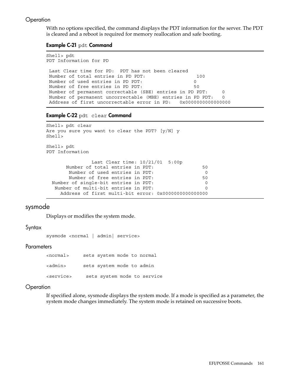 Operation, Sysmode, Syntax | Parameters, Syntax parameters operation, C-21, Command, C-22, Pdt clear | HP AD117-9003A-ED3 User Manual | Page 161 / 177