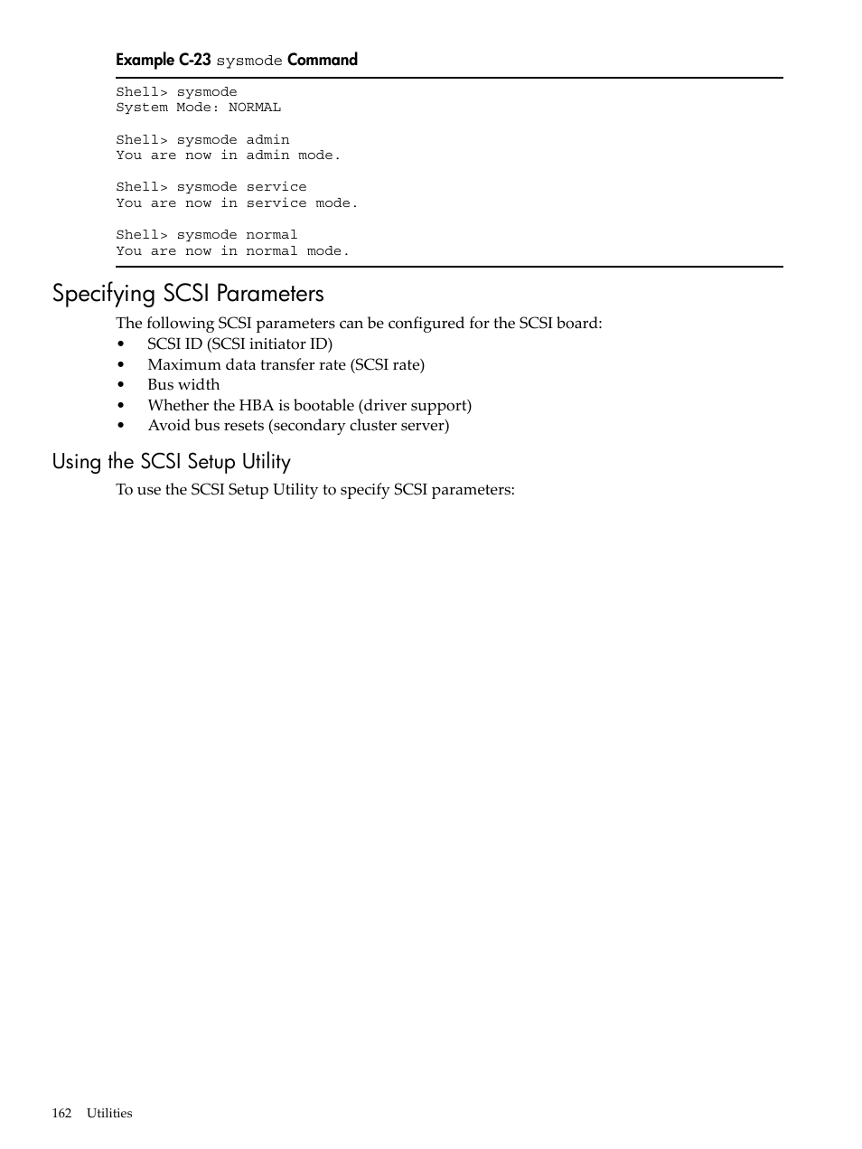 Specifying scsi parameters, Using the scsi setup utility, C-23 | Sysmode, Command | HP AD117-9003A-ED3 User Manual | Page 162 / 177