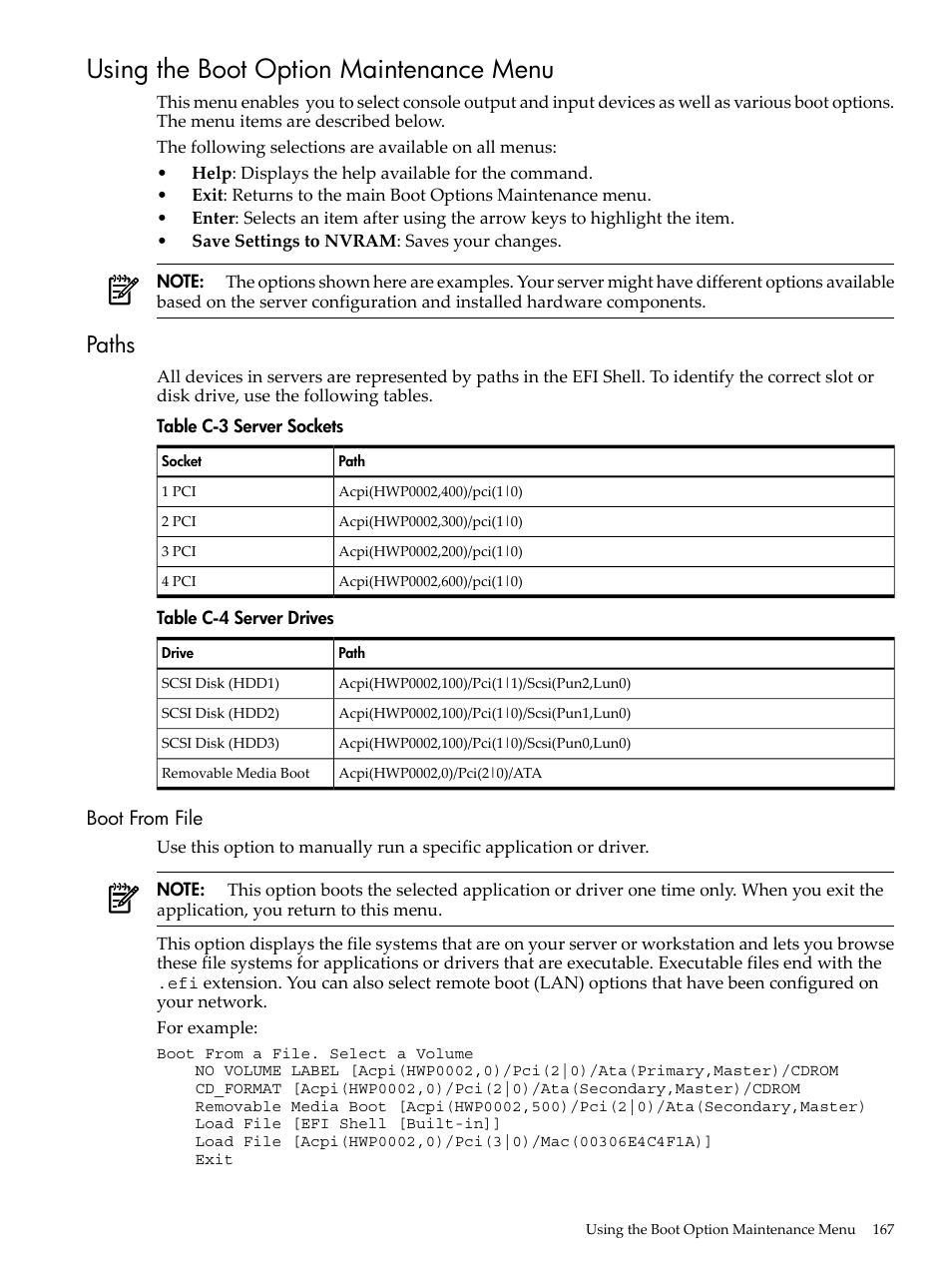 Using the boot option maintenance menu, Paths, Boot from file | Server sockets, Server drives | HP AD117-9003A-ED3 User Manual | Page 167 / 177