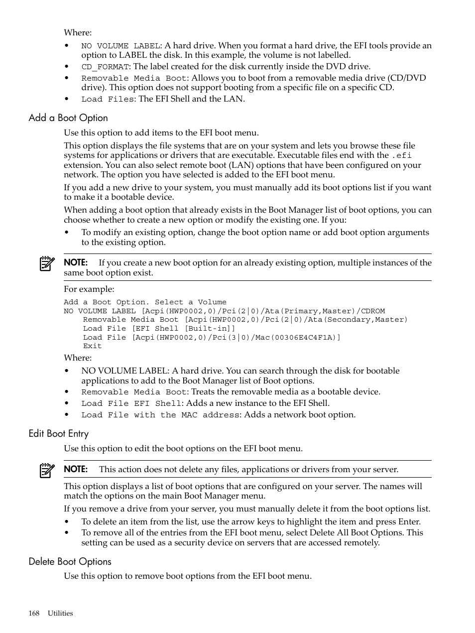 Add a boot option, Edit boot entry, Delete boot options | HP AD117-9003A-ED3 User Manual | Page 168 / 177