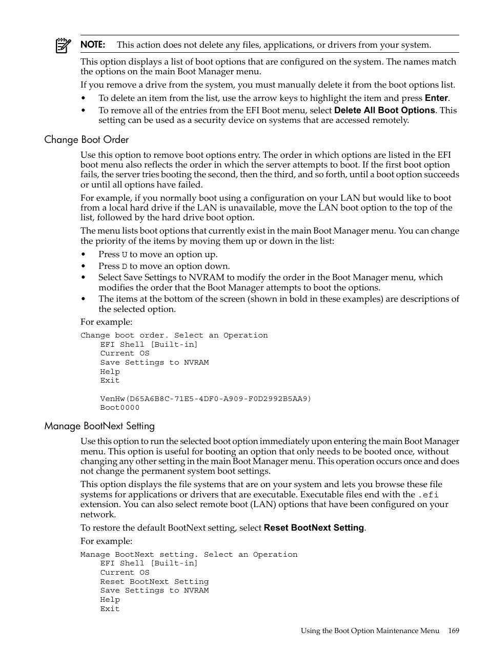 Change boot order, Manage bootnext setting, Change boot order manage bootnext setting | HP AD117-9003A-ED3 User Manual | Page 169 / 177