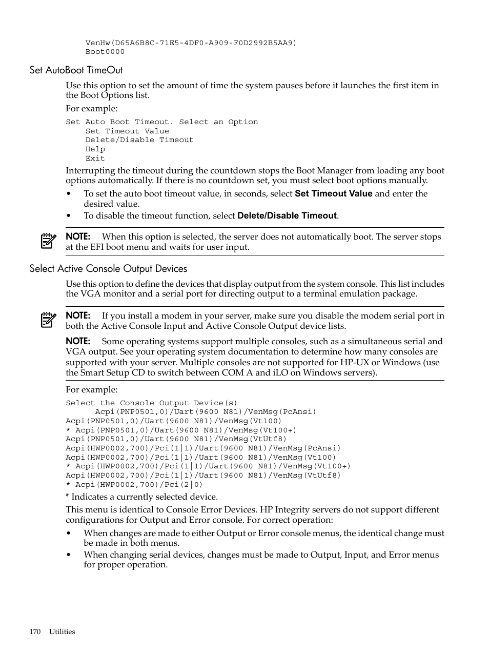 Set autoboot timeout, Select active console output devices | HP AD117-9003A-ED3 User Manual | Page 170 / 177