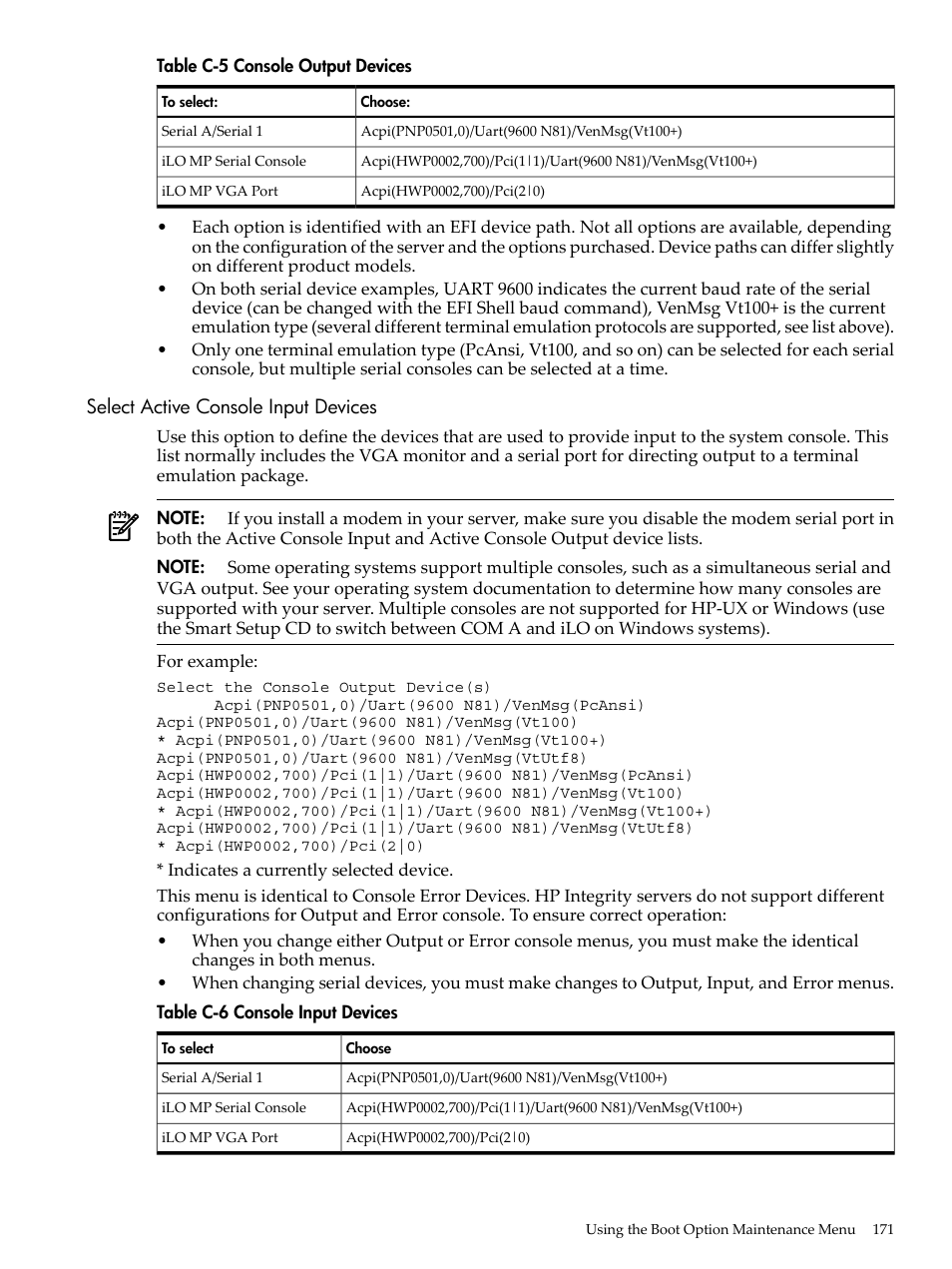 Select active console input devices, Console output devices | HP AD117-9003A-ED3 User Manual | Page 171 / 177