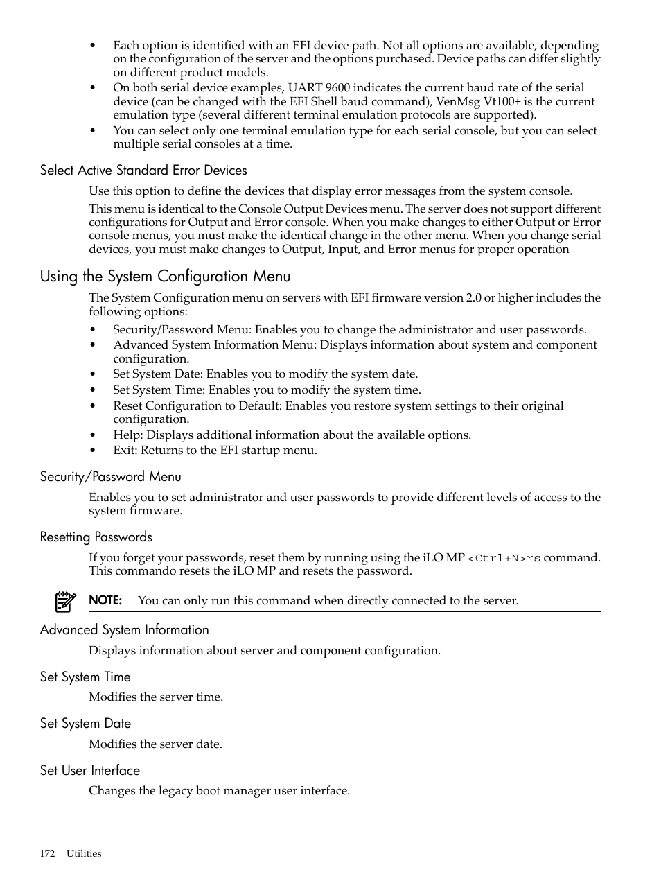 Select active standard error devices, Using the system configuration menu, Security/password menu | Resetting passwords, Advanced system information, Set system time, Set system date, Set user interface | HP AD117-9003A-ED3 User Manual | Page 172 / 177